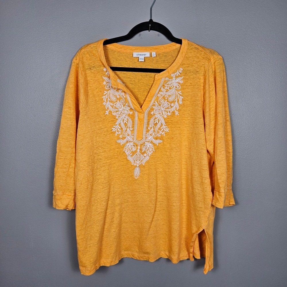 Chico's Women XL Linen Tunic Top Floral Embroidered Sequin 3/4 Sleeve Orange - Picture 1 of 10